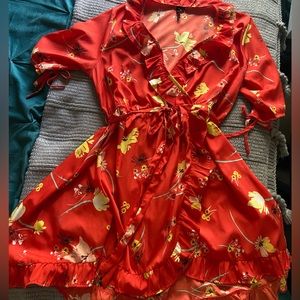 Red Orange Influence dress w/ yellow and white flowers